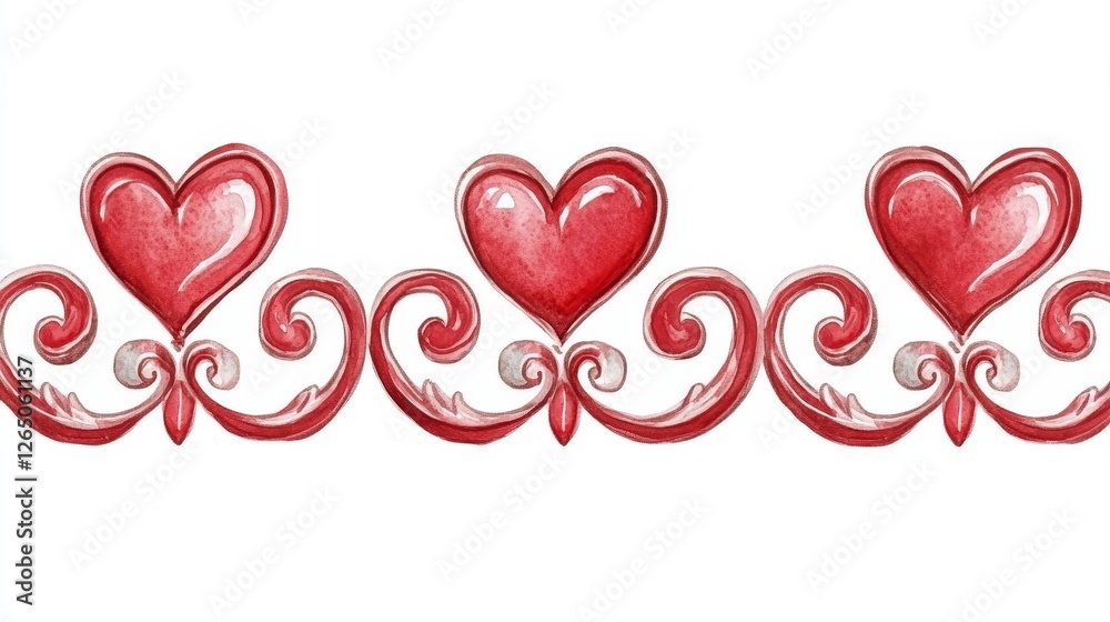 Red hearts isolated on white are bordered by a delicate watercolor design Red hearts isolated on white are bordered by a delicate watercolor design