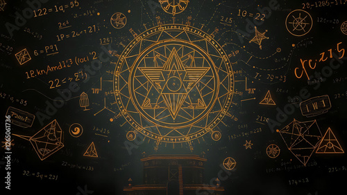 Gold abstract background with numbers, symbols, gears, and clock elements in a technical, grunge design photo