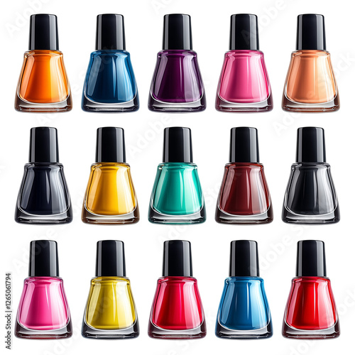 Collection of Vibrant Nail Polish Bottles in Various Colors, Isolated on transparent background 