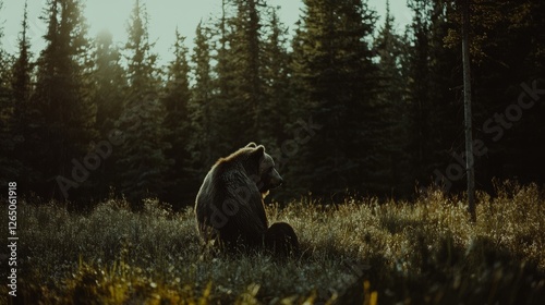 In a forest's embrace, a bear rests, surrounded by tall trees, embodying strength and the serenity of nature's heart. photo