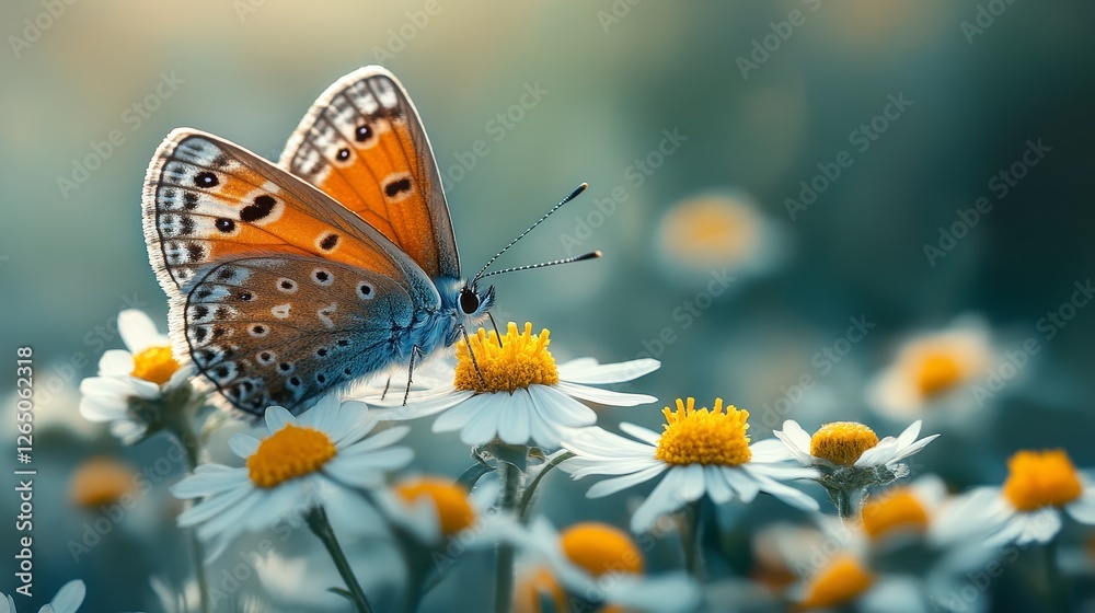 Butterfly on chamomile flowers in meadow sunset Butterfly on chamomile flowers in meadow sunset