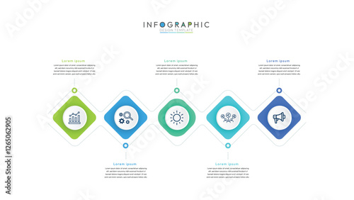 Horizontal timeline with 5 circular, square elements, clean and modern infographic template designed for easy data visualization. It features five distinct sections, modern infographic template design