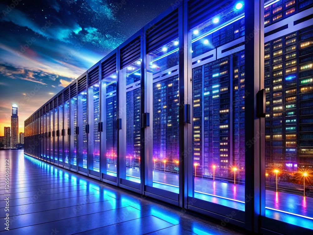 Fototapeta premium Night Cityscape with Glowing Server Racks - Web Hosting Data Center