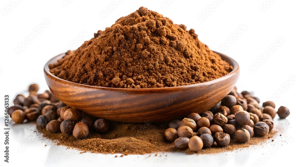 Ground Allspice in Wooden Bowl with Whole Allspice Berries Ground Allspice in Wooden Bowl with Whole Allspice Berries