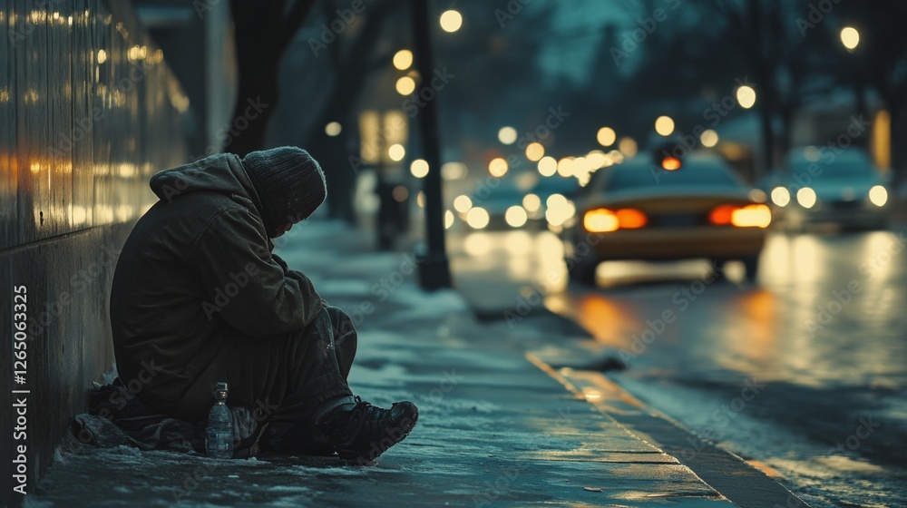 Obraz premium A lone figure huddles on a cold urban street as night falls, with car lights providing a stark contrast to the somber scene.