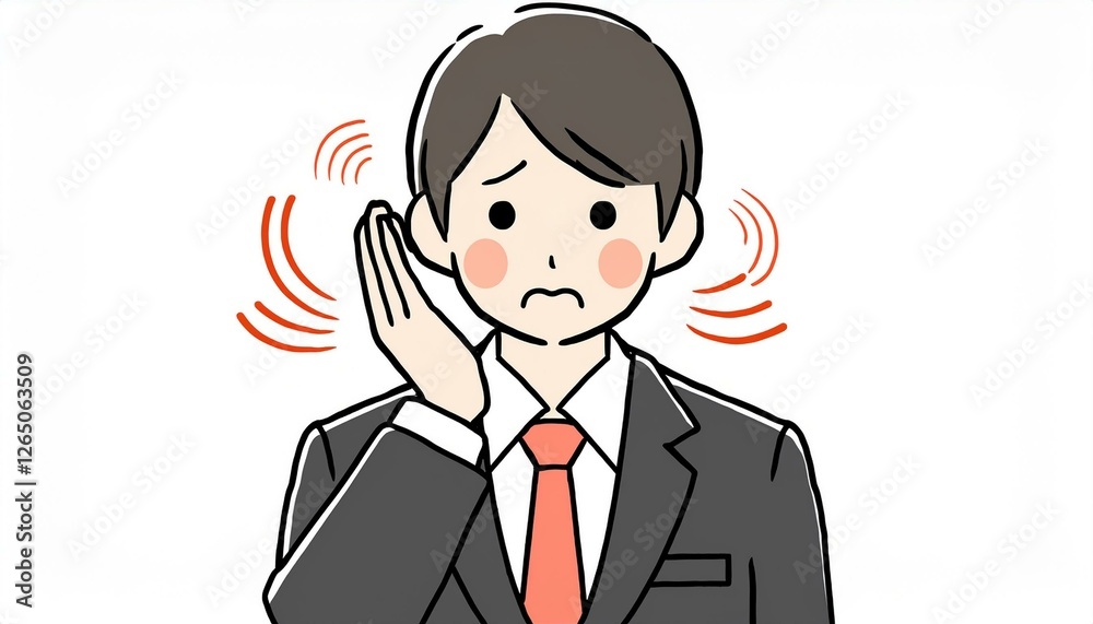 耳鳴りなどで耳が痛い男性会社員。耳に手を当てて苦悶の表情をするイラスト。AIで生成 耳鳴りなどで耳が痛い男性会社員。耳に手を当てて苦悶の表情をするイラスト。AIで生成