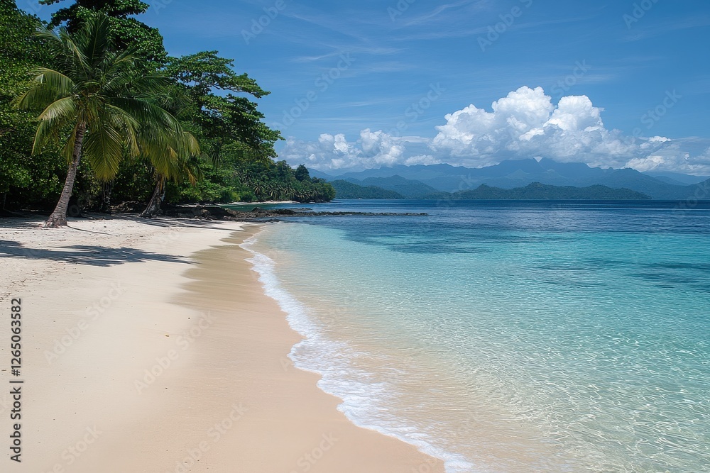 Serene Tropical Beach with Crystal Clear Water and Lush Greenery Under a Bright Blue Sky Serene Tropical Beach with Crystal Clear Water and Lush Greenery Under a Bright Blue Sky
