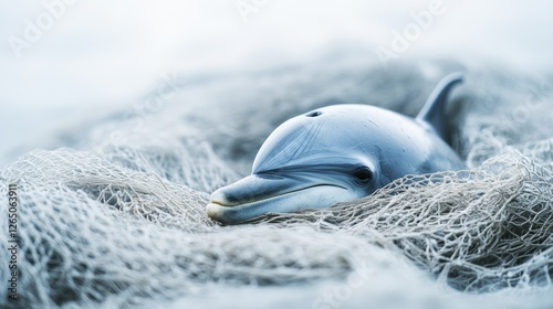 A dolphin peeks through a net, its gentle expression evoking feelings of entrapment and hope.