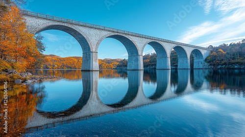 Autumn Bridge Reflection over Calm Water photo