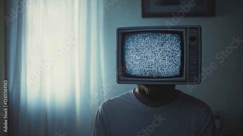 A person in a dimly lit room wears a TV with static on their head, representing mental noise and disconnection in the digital age.