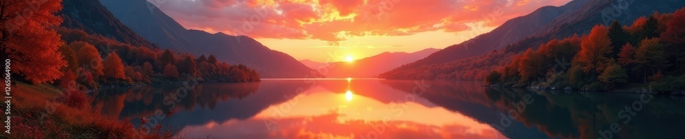 Obraz premium Blazing orange sunset reflects on calm Hintersee; vibrant fall foliage , Hintersee, reflection