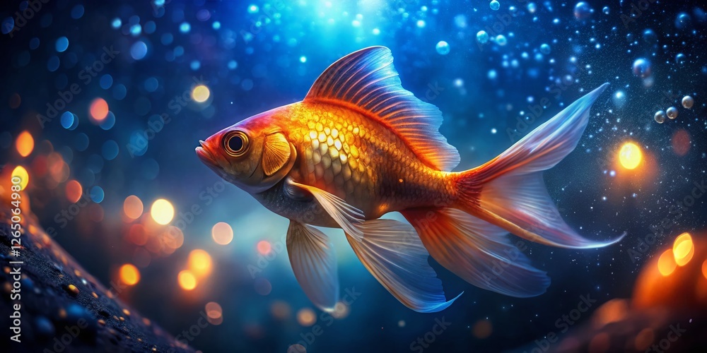 Night Photography: Goldfish Swimming in Blue Water with Air Bubbles Night Photography: Goldfish Swimming in Blue Water with Air Bubbles