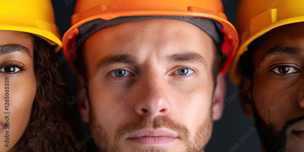 Close-up of Three Diverse Individuals Wearing Hard Hats Close-up of Three Diverse Individuals Wearing Hard Hats