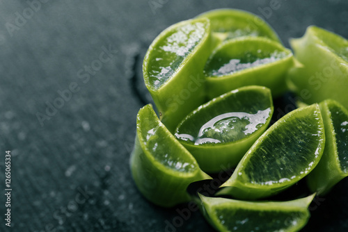 Freshly cut aloe vera slices with gel on a dark textured background. Natural skincare, hydration, and health remedy concept. Macro close-up of succulent plant extract