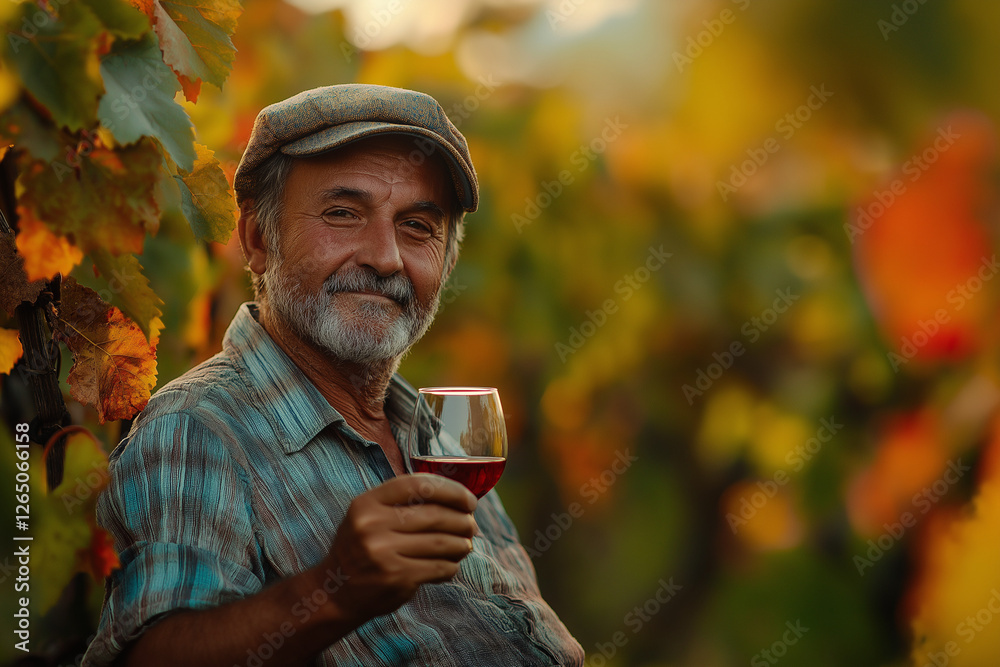 Smiling man holding a glass of wine in a vineyard Smiling man holding a glass of wine in a vineyard