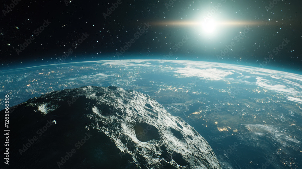Obraz premium Asteroid approaching earth in space highlighting cosmic danger and planetary threat from outer space for scientific exploration and awareness