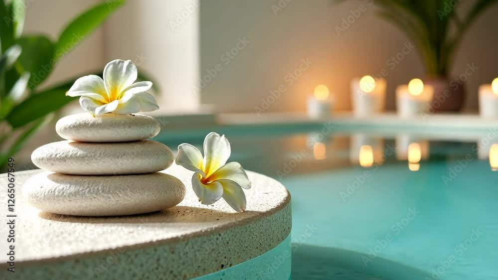 Spa accessories installed in a day spa hotel, health and beauty center. Spa products - towels, candles, stones for stone massage, placed in a luxury spa, villa in Bali Spa accessories installed in a day spa hotel, health and beauty center. Spa products - towels, candles, stones for stone massage, placed in a luxury spa, villa in Bali