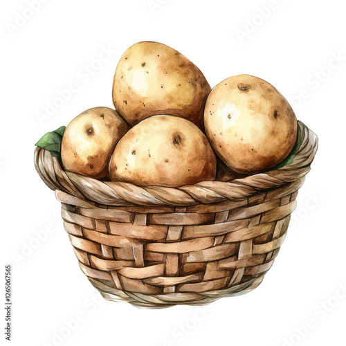 real hand drawn watercolor aquarel potato in basket, on white background