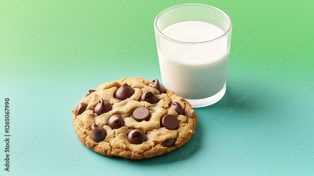 Delicious Chocolate Chip Cookie with Milk on Teal Background Sweet Treat Food Photography Delicious Chocolate Chip Cookie with Milk on Teal Background Sweet Treat Food Photography