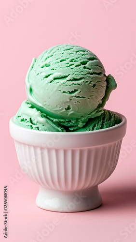 Matcha, Mint, Green Ice Cream in Bowl on Pink Pastel Background. Refreshing Dessert, Summer Concept.