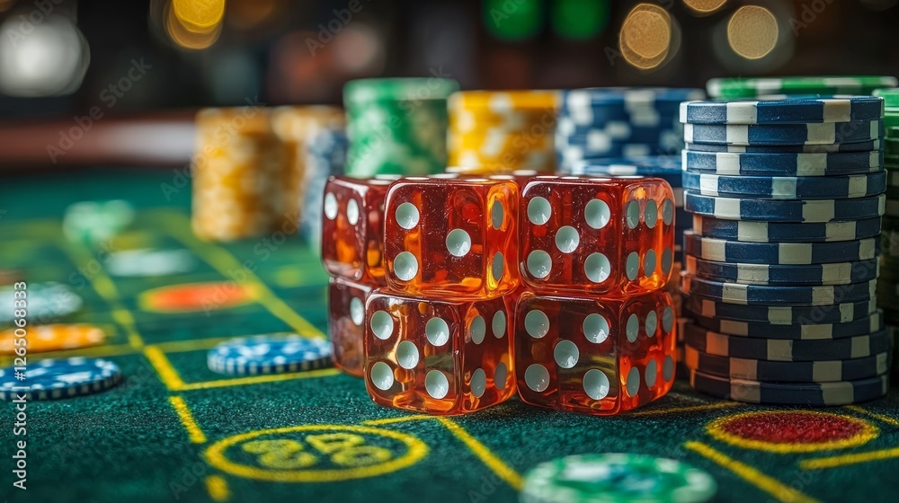 Casino dice and chips on green table Casino dice and chips on green table