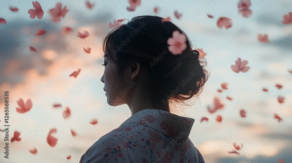Fototapeta premium A woman in traditional attire stands serenely amidst floating cherry blossoms, embodying grace and a timeless connection with nature.
