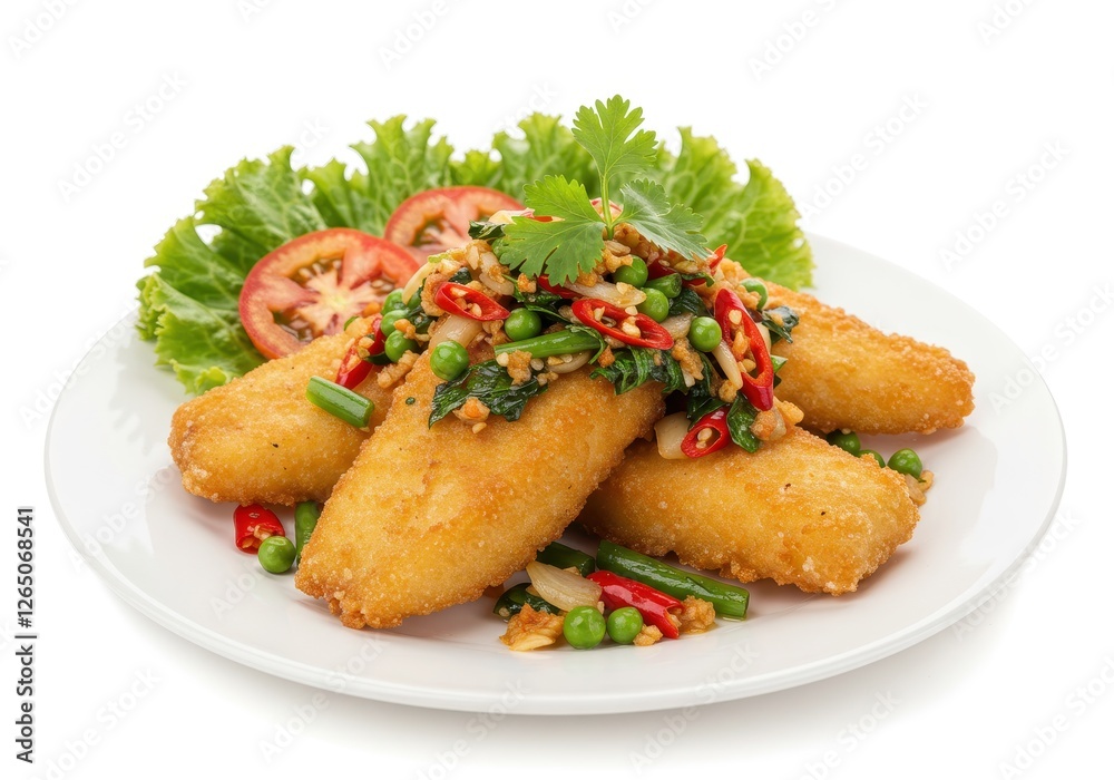 A plate of crispy fried fish pieces topped with a vibrant mix of sauteed vegetables and herbs isolated on a white background A plate of crispy fried fish pieces topped with a vibrant mix of sauteed vegetables and herbs isolated on a white background