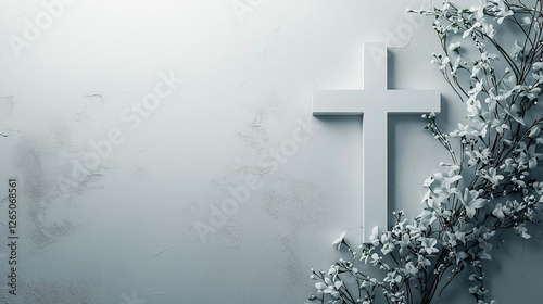 Minimalistisches weißes Kreuz mit zarten Blumen als symbolische Darstellung von Frieden und Glauben, Hintergrund, Gedenkkarte, Trauerkarte, Vorlage, trauer, beerdigung, gedenken, gedenkkarte