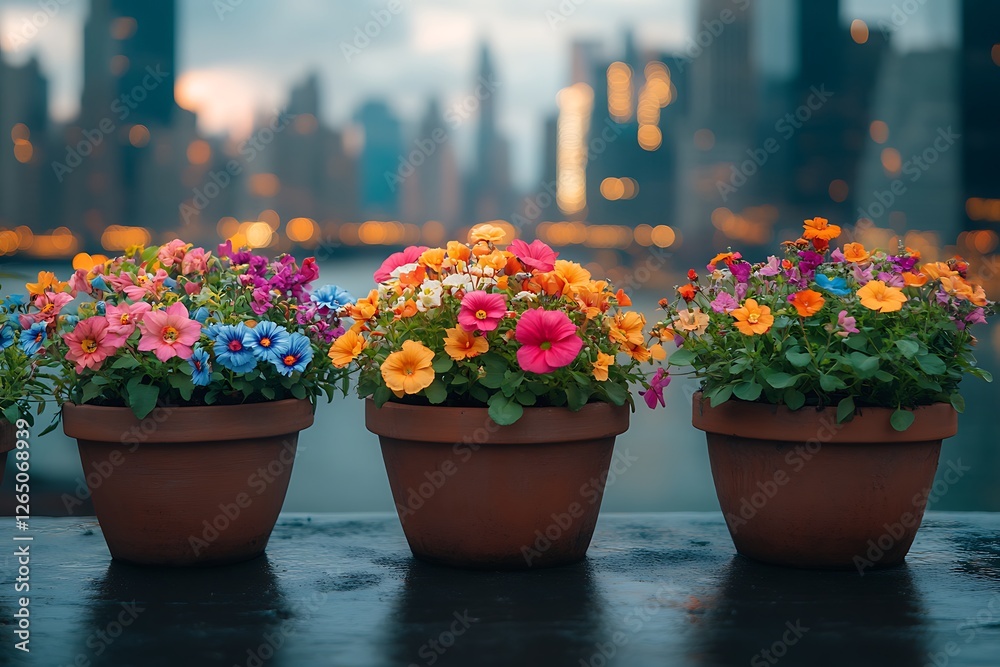 Fototapeta premium Colorful flower pots on a ledge with a city skyline and lights in the background at dusk