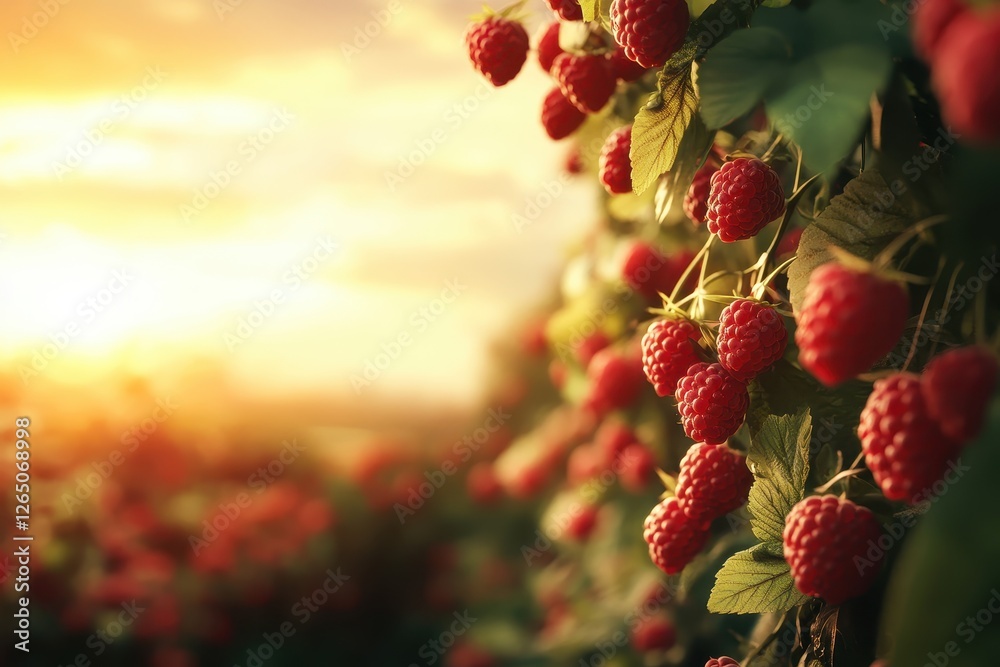 Harvesting sweet raspberries under the warm glow of a golden sunset in a serene berry farm Harvesting sweet raspberries under the warm glow of a golden sunset in a serene berry farm