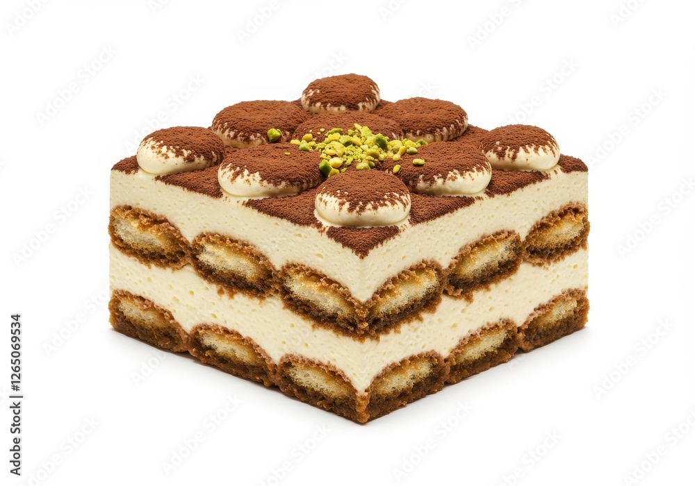 A slice of creamy tiramisu with layers of mascarpone coffee-soaked sponge and cocoa powder isolated on a white background A slice of creamy tiramisu with layers of mascarpone coffee-soaked sponge and cocoa powder isolated on a white background