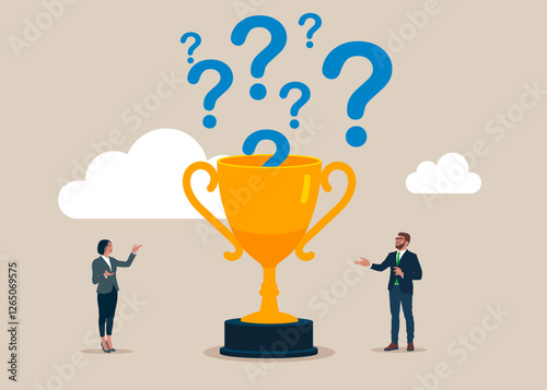 Trophy with question marks. Thinking of who what where when why and how. Asking questions for solution. Flat vector illustration
