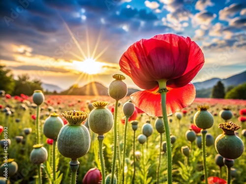 Opium Poppy Seed Pods in Summer Field - Vibrant Red Flower Landscape photo