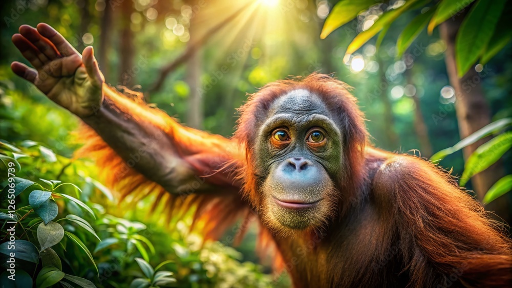 Obraz premium Orangutan Reaching Out in Lush Green Jungle - Bokeh Wildlife Photo