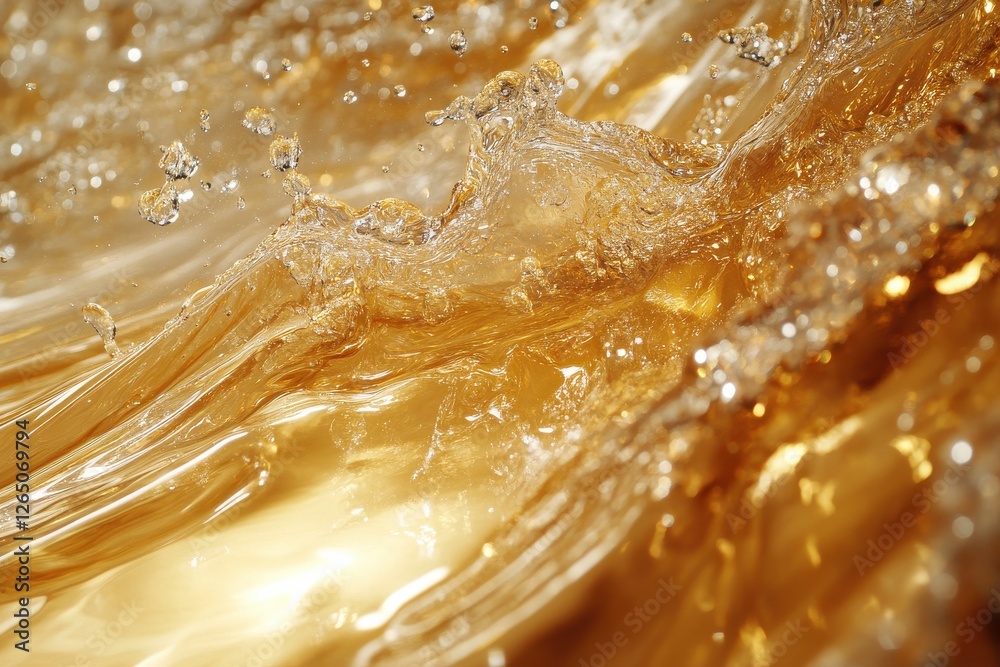 Captivating Swirling Gold Liquid with Sparkling Bubbles and Smooth Texture