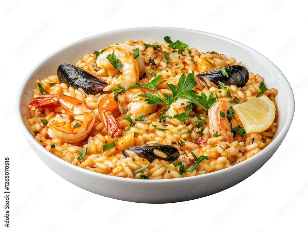 Delicious seafood risotto garnished with fresh parsley and lemon, set on a white background. transparent PNG Delicious seafood risotto garnished with fresh parsley and lemon, set on a white background. transparent PNG