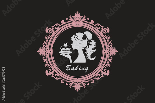 A luxurious bakery logo with a silhouette of a woman wearing a ribbon in her hair, delicately holding a piece of cake.