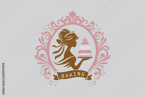 A luxurious bakery logo with a silhouette of a woman wearing a ribbon in her hair, delicately holding a piece of cake.