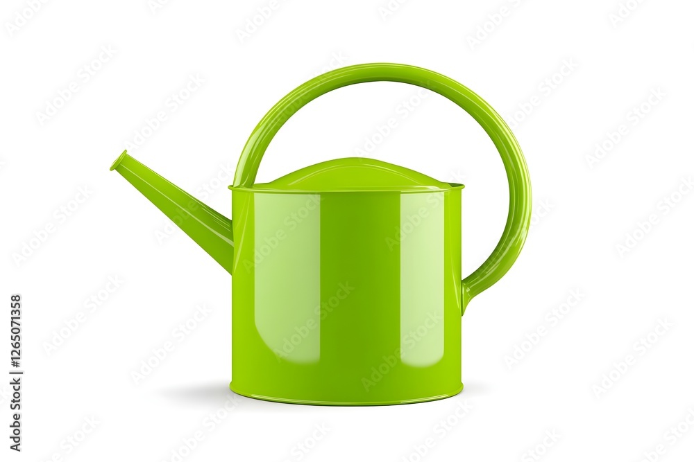 A bright green watering can with a round handle and a long spout, ideal for watering plants and adding a pop of color to any garden setting. A bright green watering can with a round handle and a long spout, ideal for watering plants and adding a pop of color to any garden setting.
