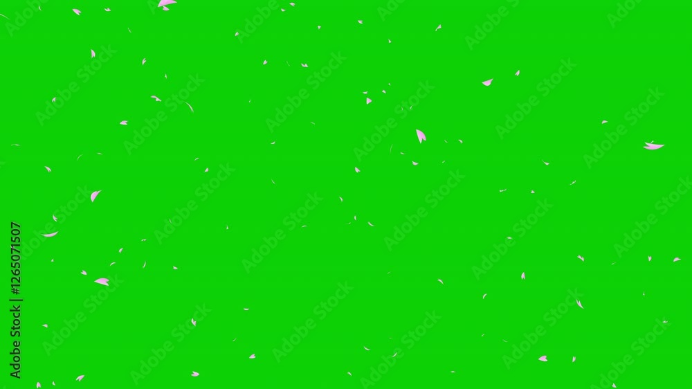 Some pink cherry petals falling sideways slowly from left to right on green background. For chroma key. Abstract background with a scene of Spring time in Japan. Some pink cherry petals falling sideways slowly from left to right on green background. For chroma key. Abstract background with a scene of Spring time in Japan.