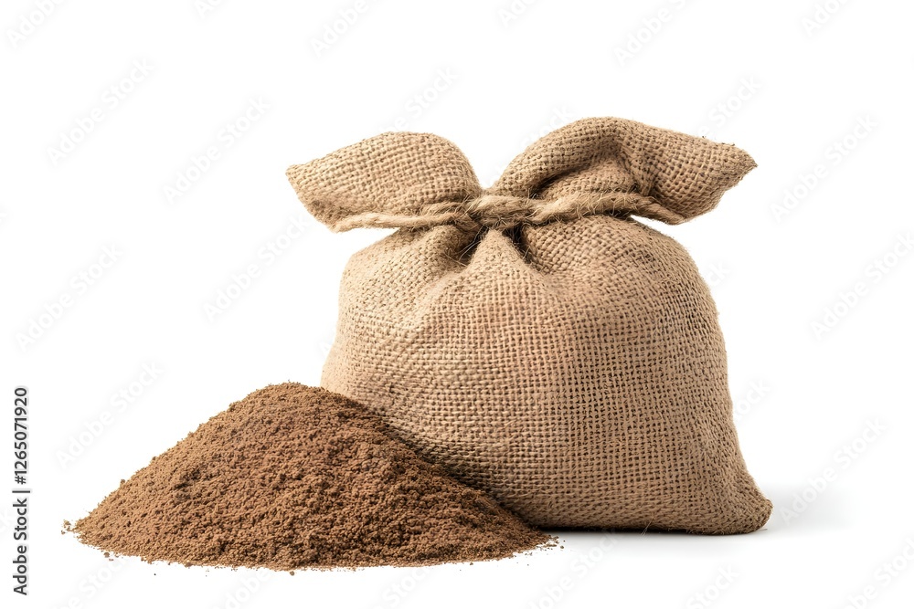 A burlap sack filled with brown powdery substance, with some spilling out, against a white background. A burlap sack filled with brown powdery substance, with some spilling out, against a white background.