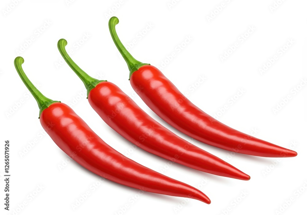Three vibrant red chili peppers with fresh green stems isolated on a white background Three vibrant red chili peppers with fresh green stems isolated on a white background