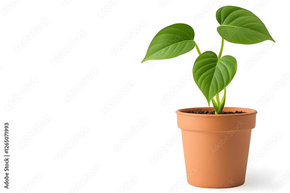 A young green plant with heart-shaped leaves growing in a simple terracotta pot against a white background. A young green plant with heart-shaped leaves growing in a simple terracotta pot against a white background.
