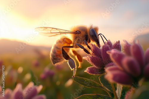 a bee collecting pollen from a flower in the middle of a field in spring. In the sky, you see dawn photo