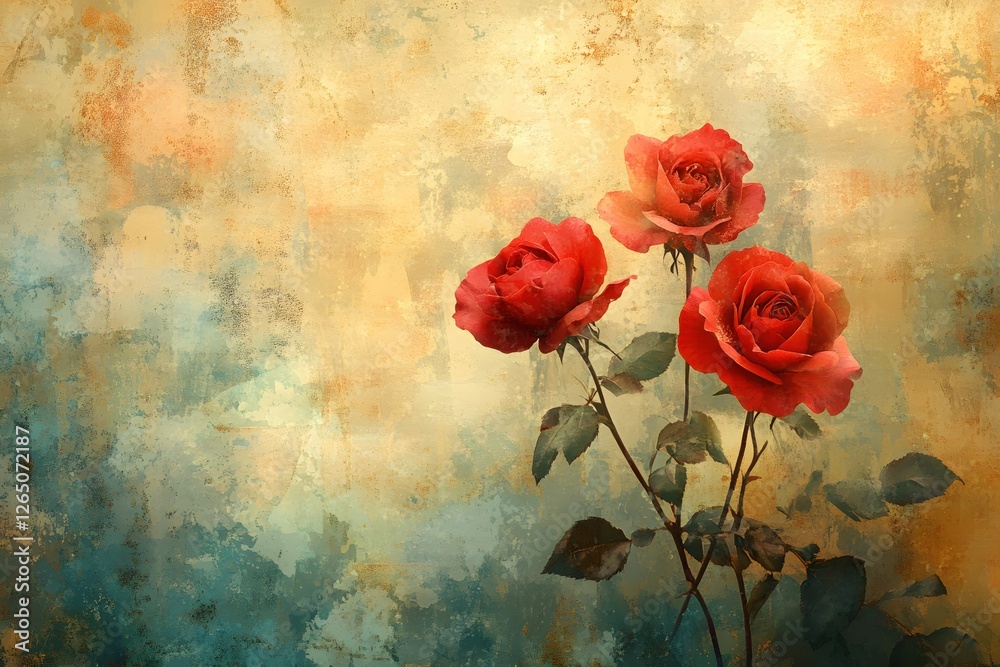 Obraz premium Three Red Roses on a Textured Background with a Vintage and Artistic Floral Arrangement