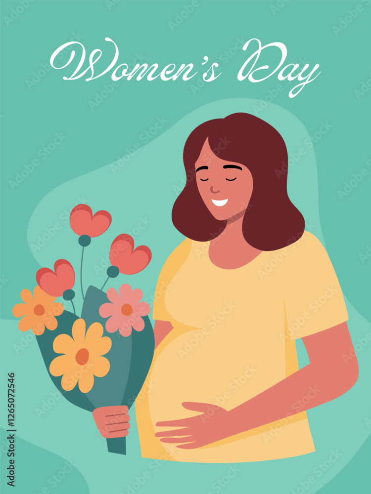 Obraz premium Women's Day greeting card. Pregnant woman with flowers and text Women's day. 8 March International Women's Day celebration vector design