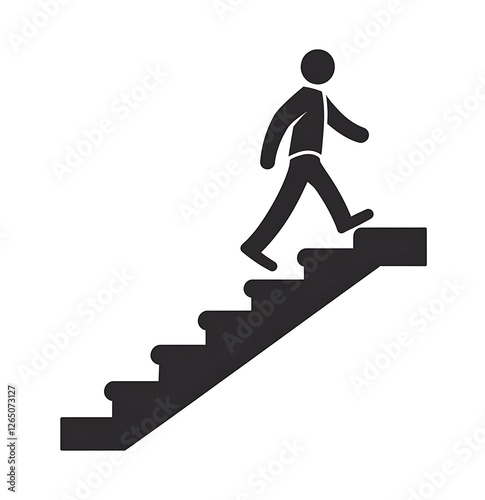 Simple icon, black on white background, stick figure walking up stairs. 
