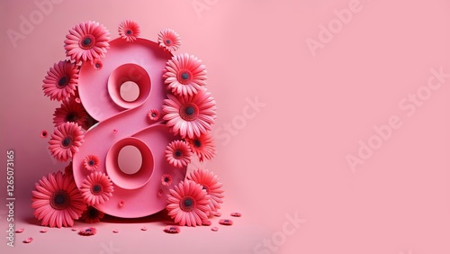 Ilustración de arte digital con un número central  '8' rodeado de una variedad de flores coloridas. Concepto dia de la mujer. 8 de marzo
