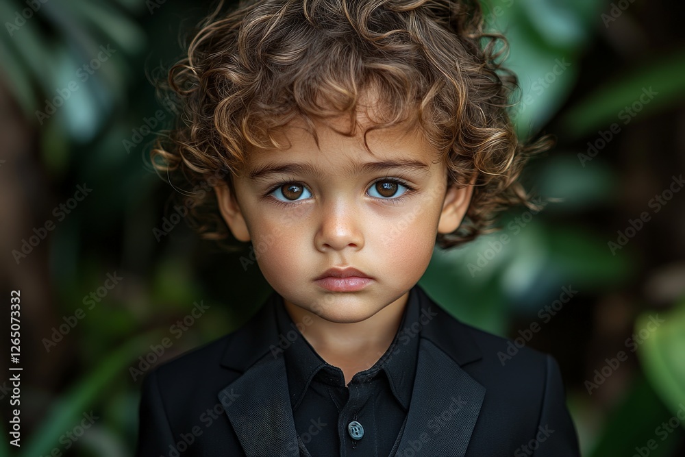 Young boy in formal attire surrounded by lush greenery displays a thoughtful expression outdoors Young boy in formal attire surrounded by lush greenery displays a thoughtful expression outdoors