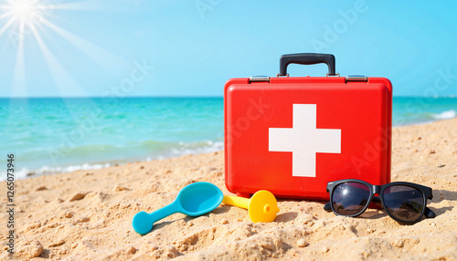 Bright first aid kit on sandy beach with toys, beach safety theme